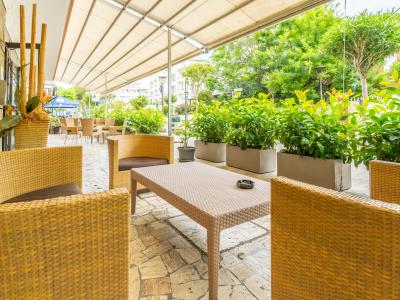 Terrazza con sedie in rattan e piante verdi.
