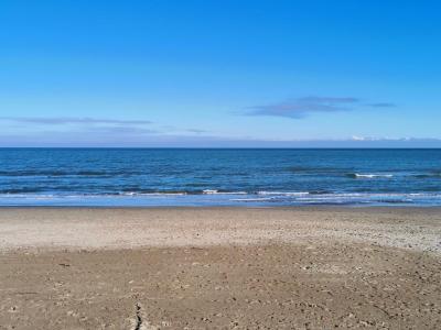 Spiaggia sabbiosa con mare calmo e cielo azzurro.