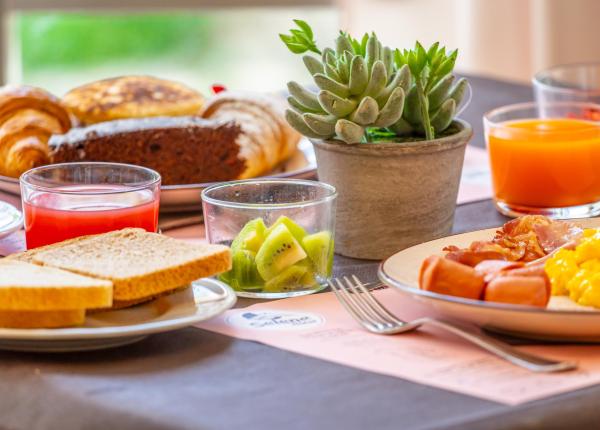 Colazione con pane, kiwi, succhi e pianta decorativa.