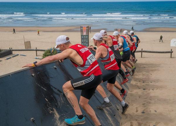 Atleti scalano un muro durante una gara sulla spiaggia.