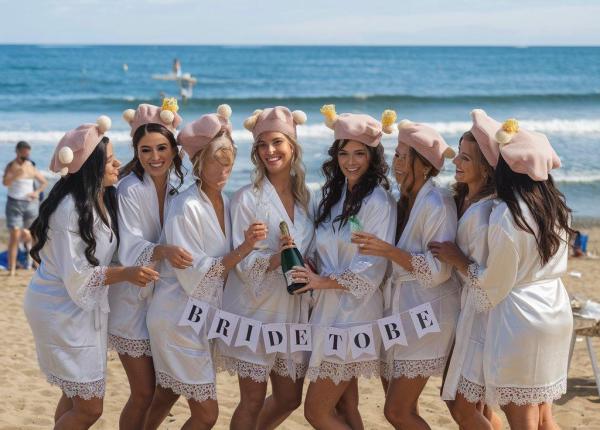 Donne in spiaggia con accappatoi e cappelli, festeggiano la futura sposa.