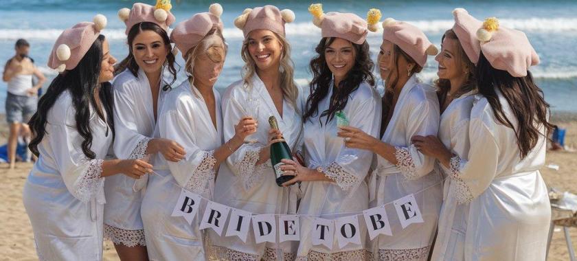 Donne in spiaggia con accappatoi e cappelli, festeggiano la futura sposa.