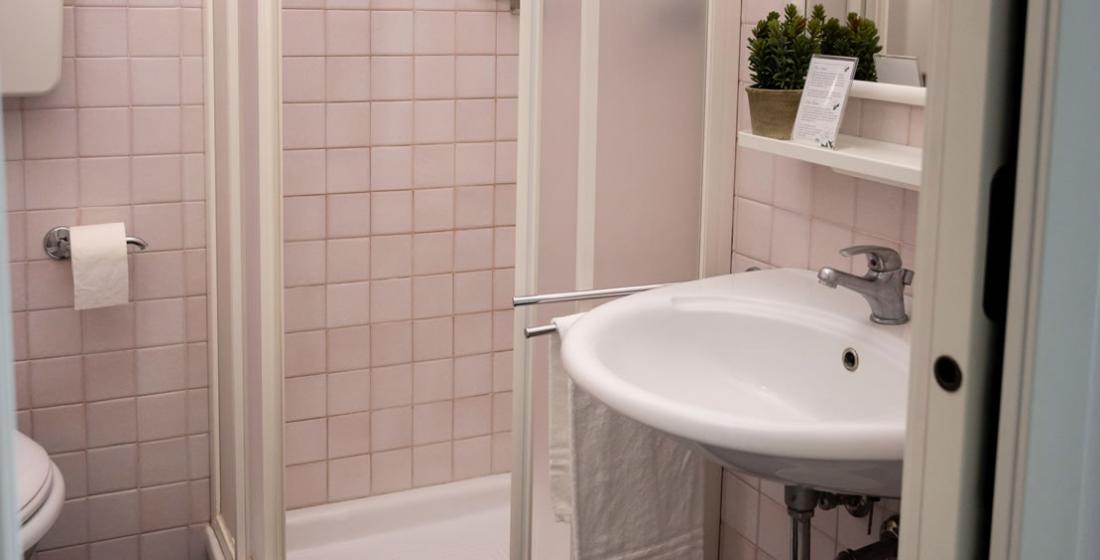Bagno con piastrelle rosa, doccia, lavandino e piante decorative.
